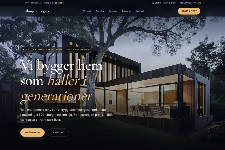 Skärmbild av det fiktiva exemplet Premium Max — Almqvist Bygg & Projekt