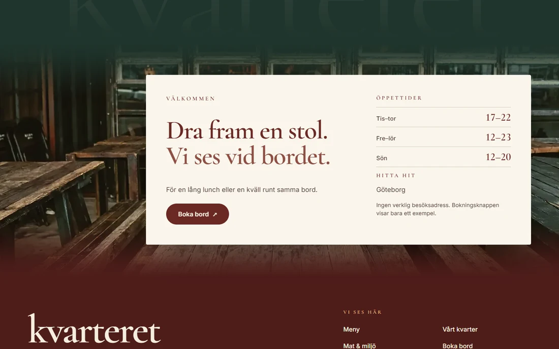Kvarteret, avsnittet Välkommen med öppettider och bokning