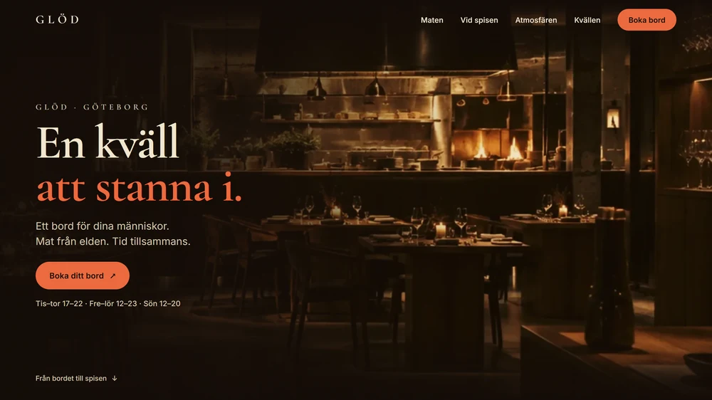 Startsidan för Glöd: en restaurang i kvällsljus med rubriken En kväll att stanna i.