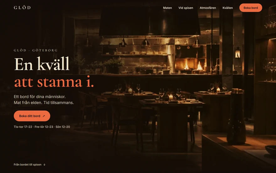 Startsidan för Glöd: en restaurang i kvällsljus med rubriken En kväll att stanna i.