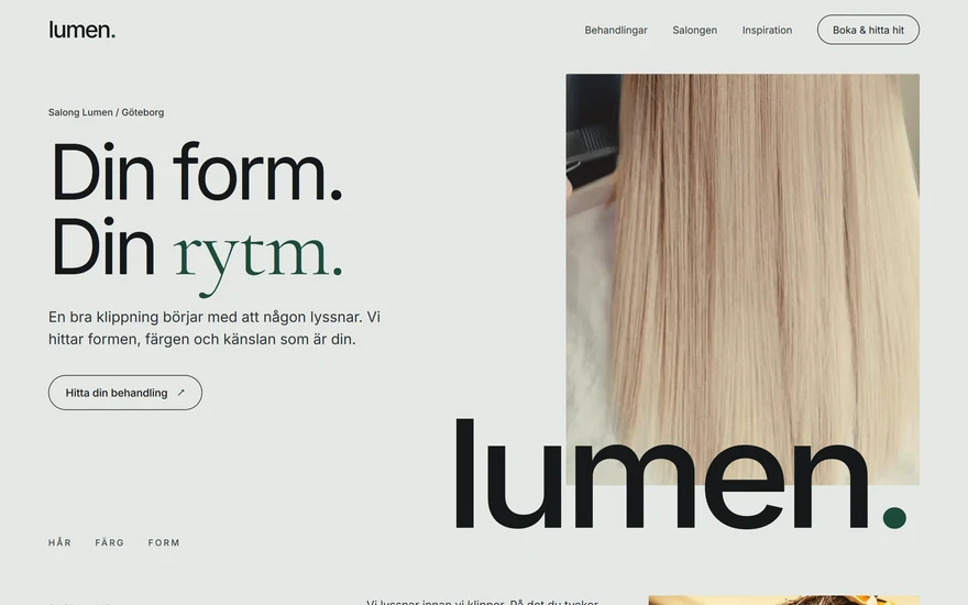 Startsidan för Salong Lumen med rubriken Din form. Din rytm.