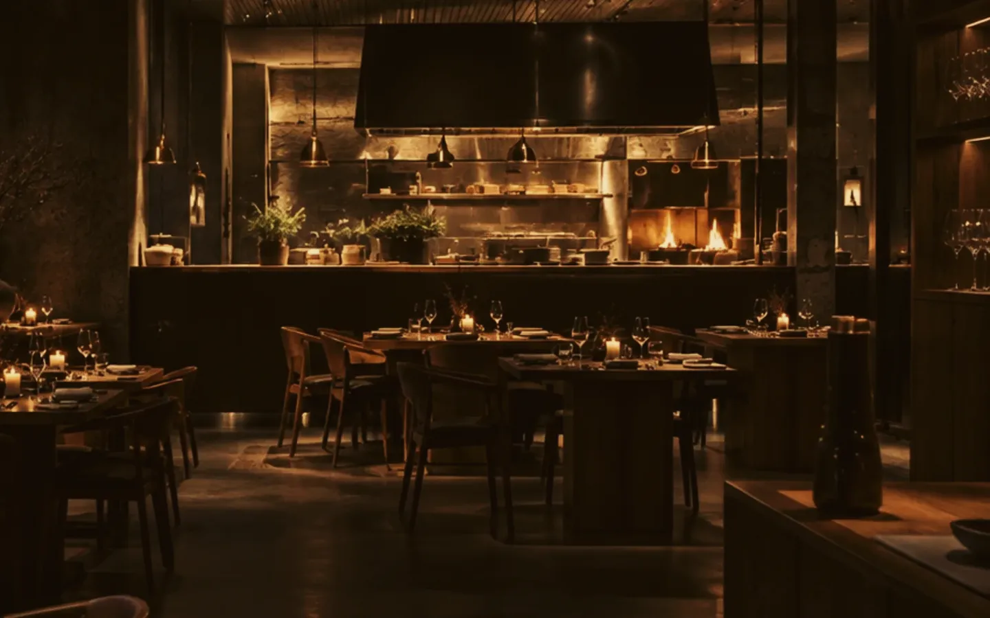 Restaurangens matsal med öppet kök och ljus på borden