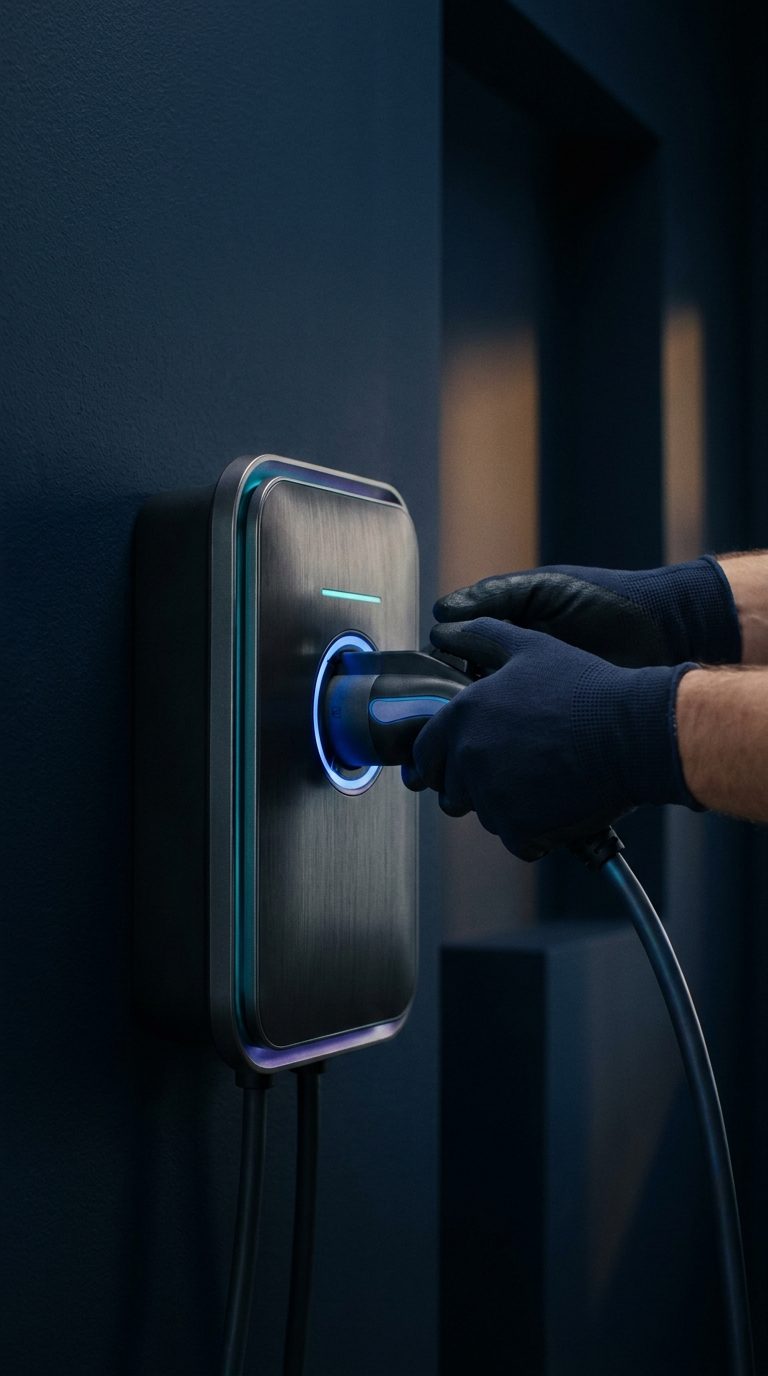 Behandskade händer som ansluter en laddbox för elbil — exempelbild på elektrikerarbete.