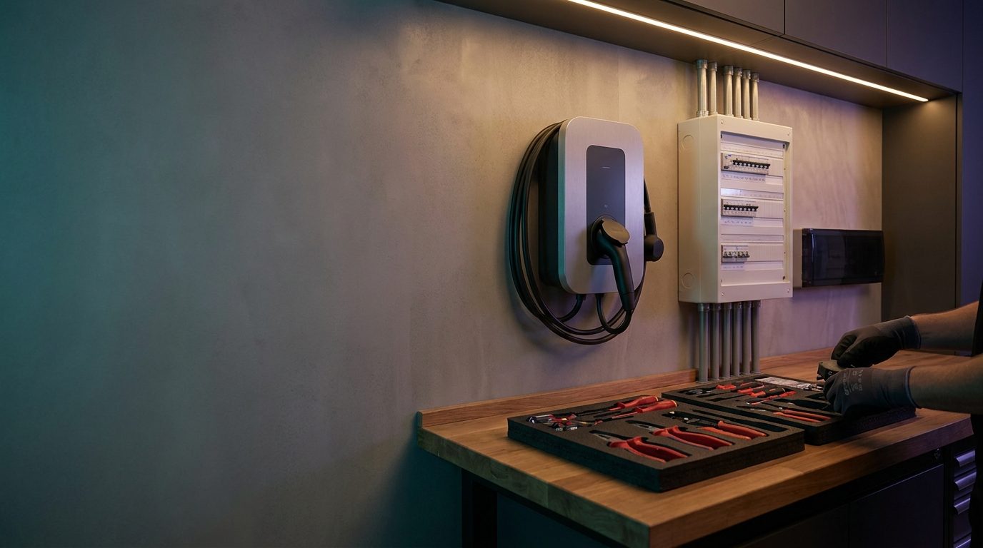 Elektriker som ansluter en laddbox med öppen elcentral och prydligt ordnade isolerade verktyg — exempelbild för layoutdemo.
